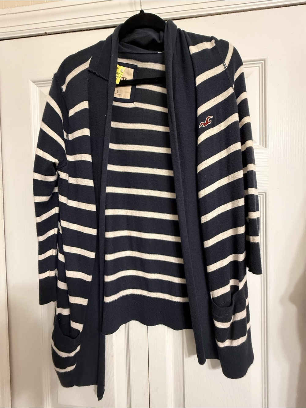 Hollister Navy and White Striped Open-Front Cardigan